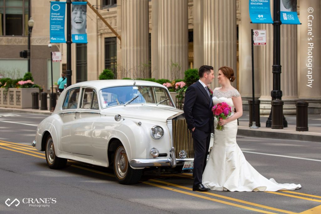 Downtown Chicago Wedding Photography with Classic Car