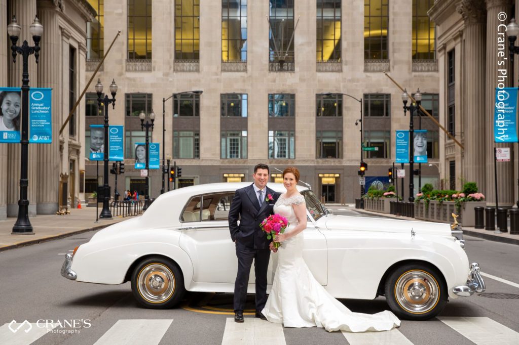 Downtown Chicago Wedding Photography with Classic Car