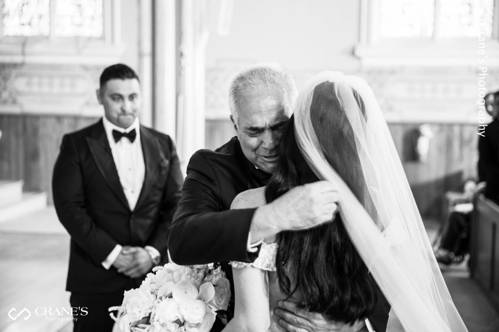 Emotional moment during a wedding service at St. Joseph's church in Chicago