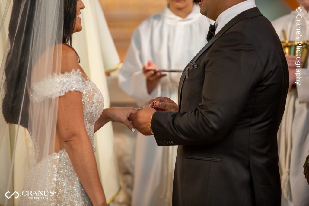 Ring exchange ceremony at St. Joseph's church in Chicago