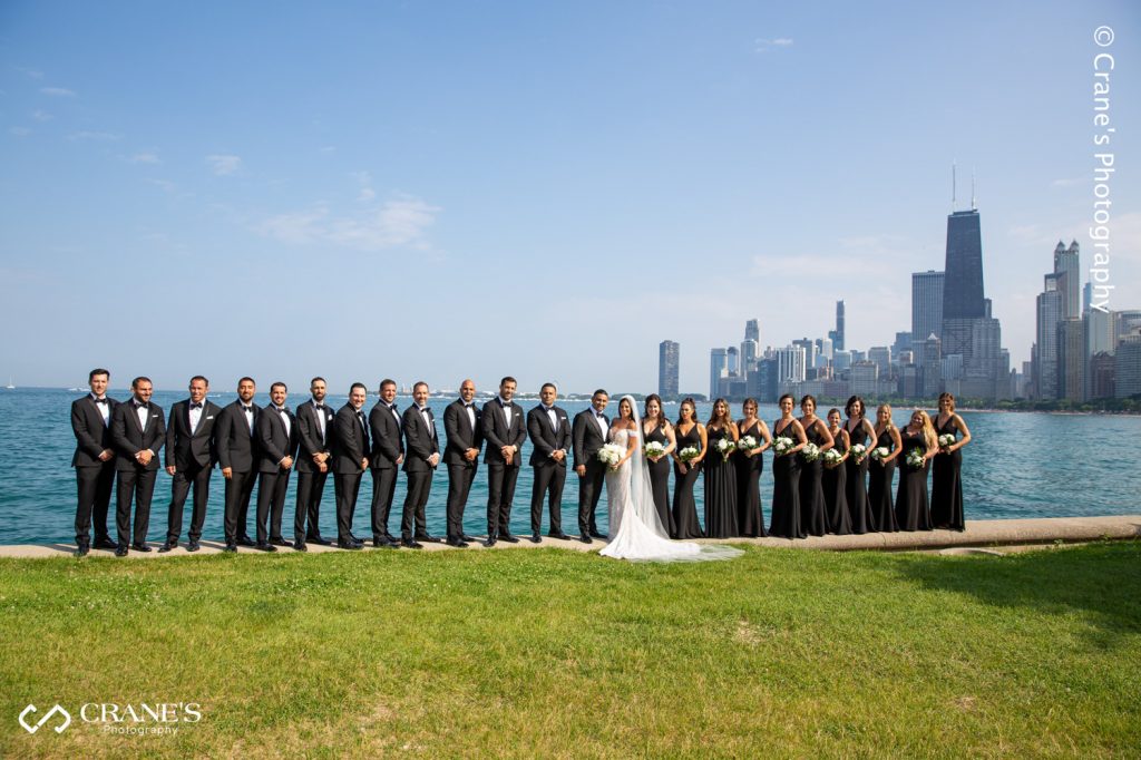 Large wedding party photos with Chicago skyline in the background