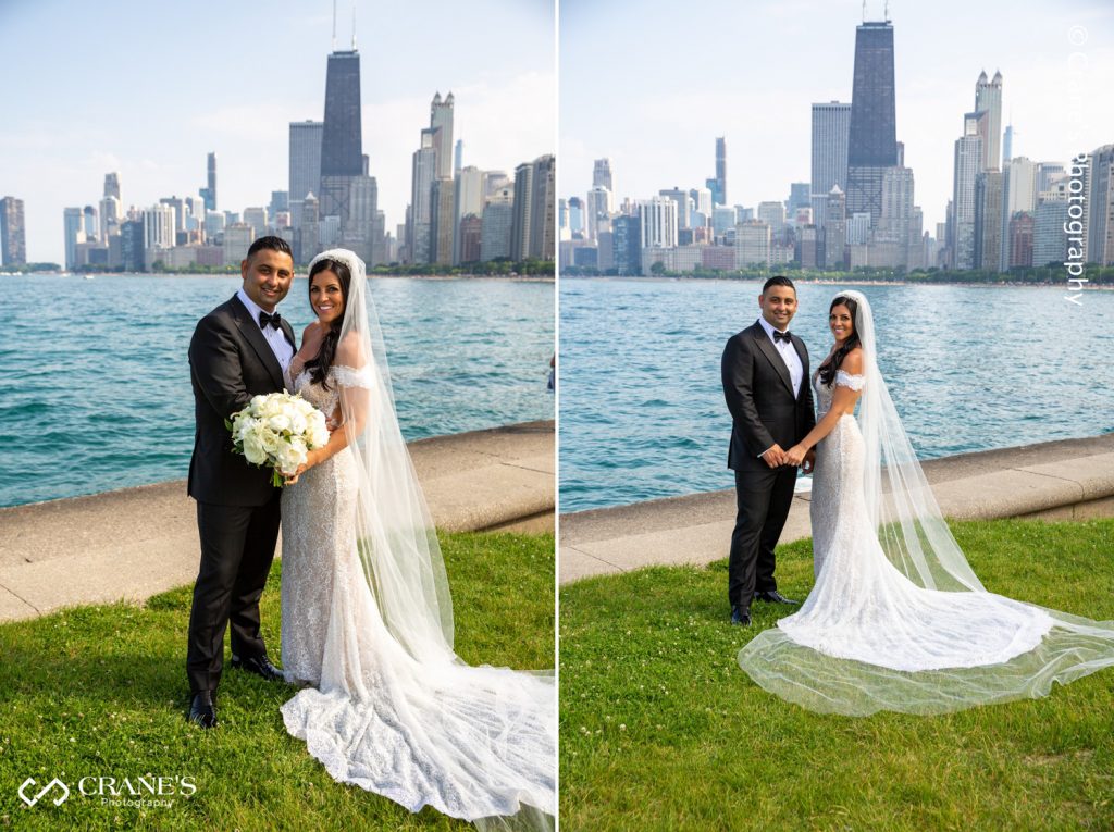 Bride and groom portrait with downtown Chicago in the background.