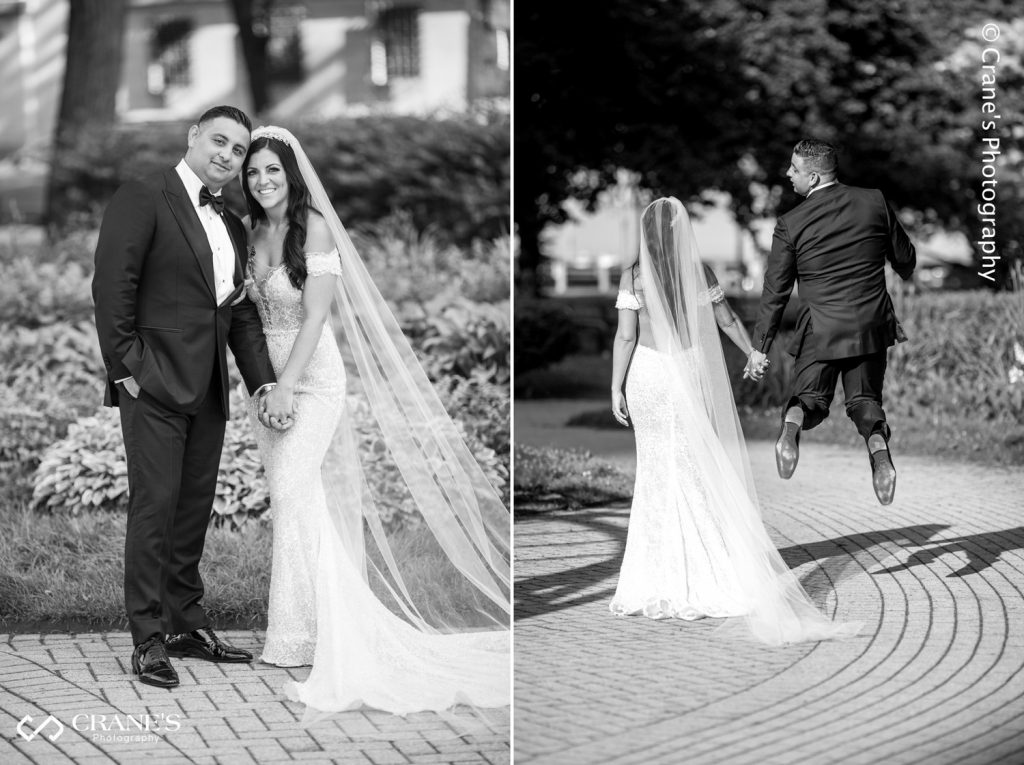 Fun bride and groom photos outside The Drake hotel in Chicago