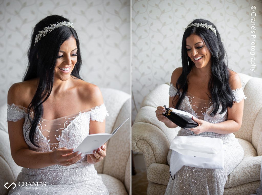 Bride open a surprise gift from her groom