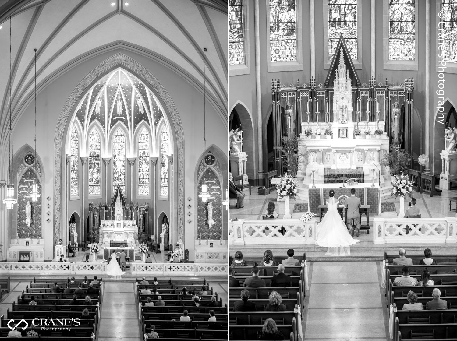 A composite photo taken from the balcony of St. Peter and Paul Church in Naperville during an intimate wedding ceremony
