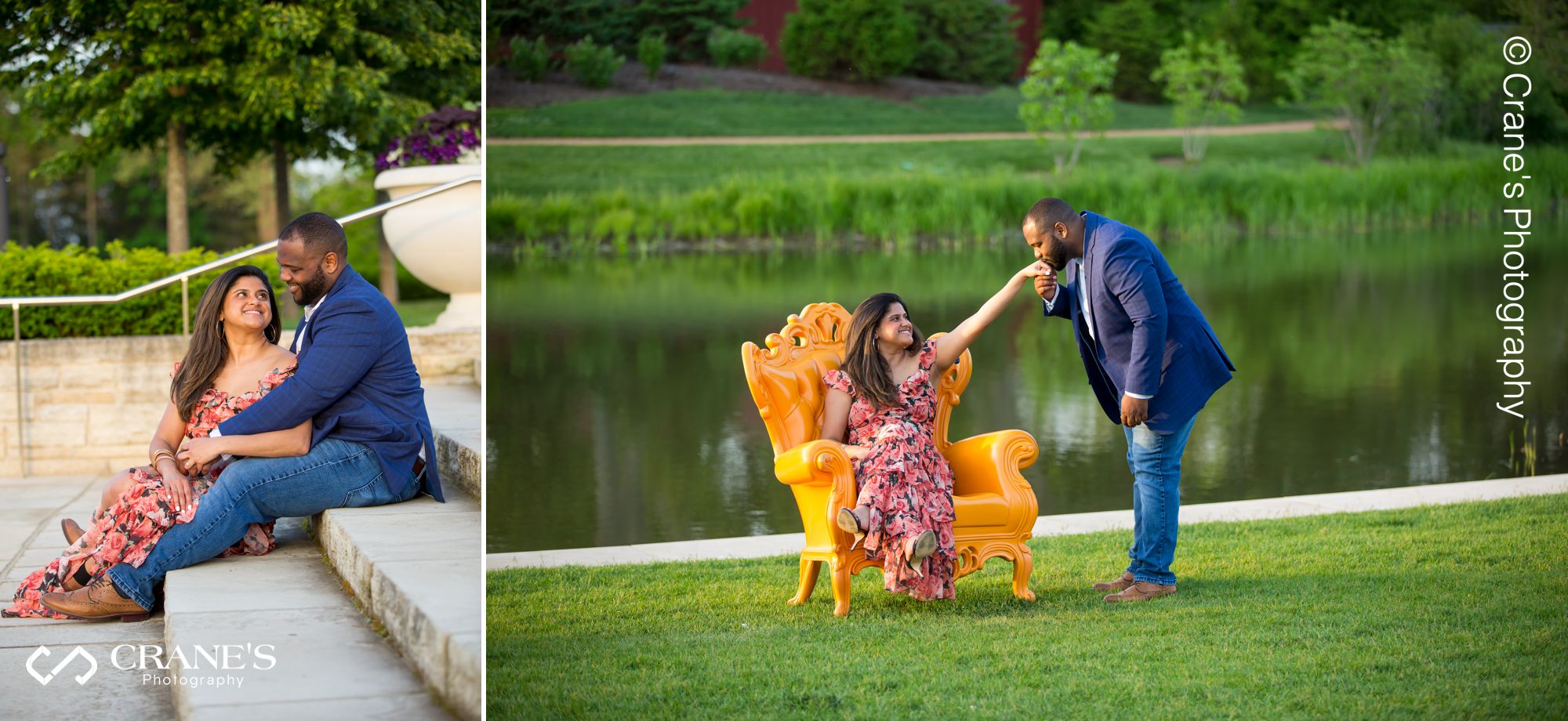 An engagement photo of couple sitting on a fancy yellow chair.