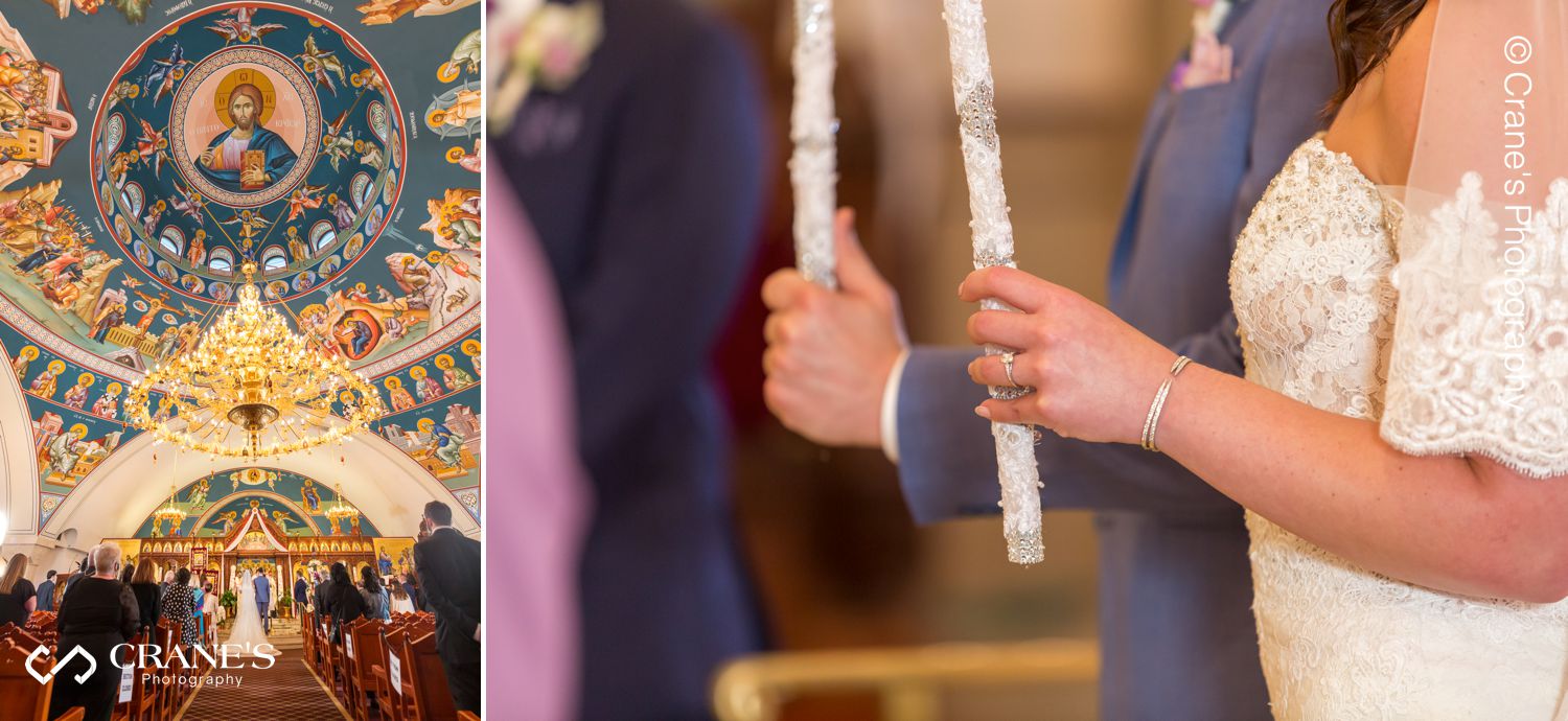 Bride and groom hold greek orthodox wedding candles