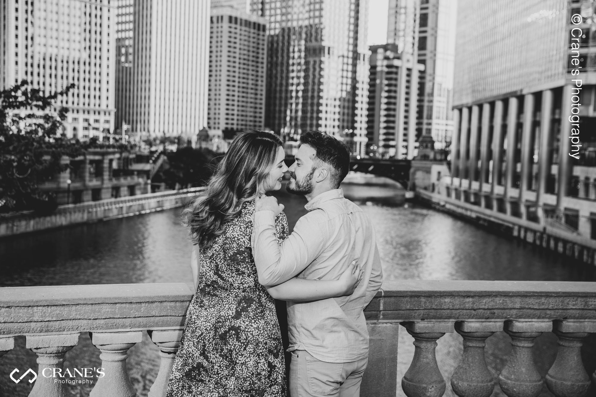 An engagement photo near The RiverWalk in Chicago