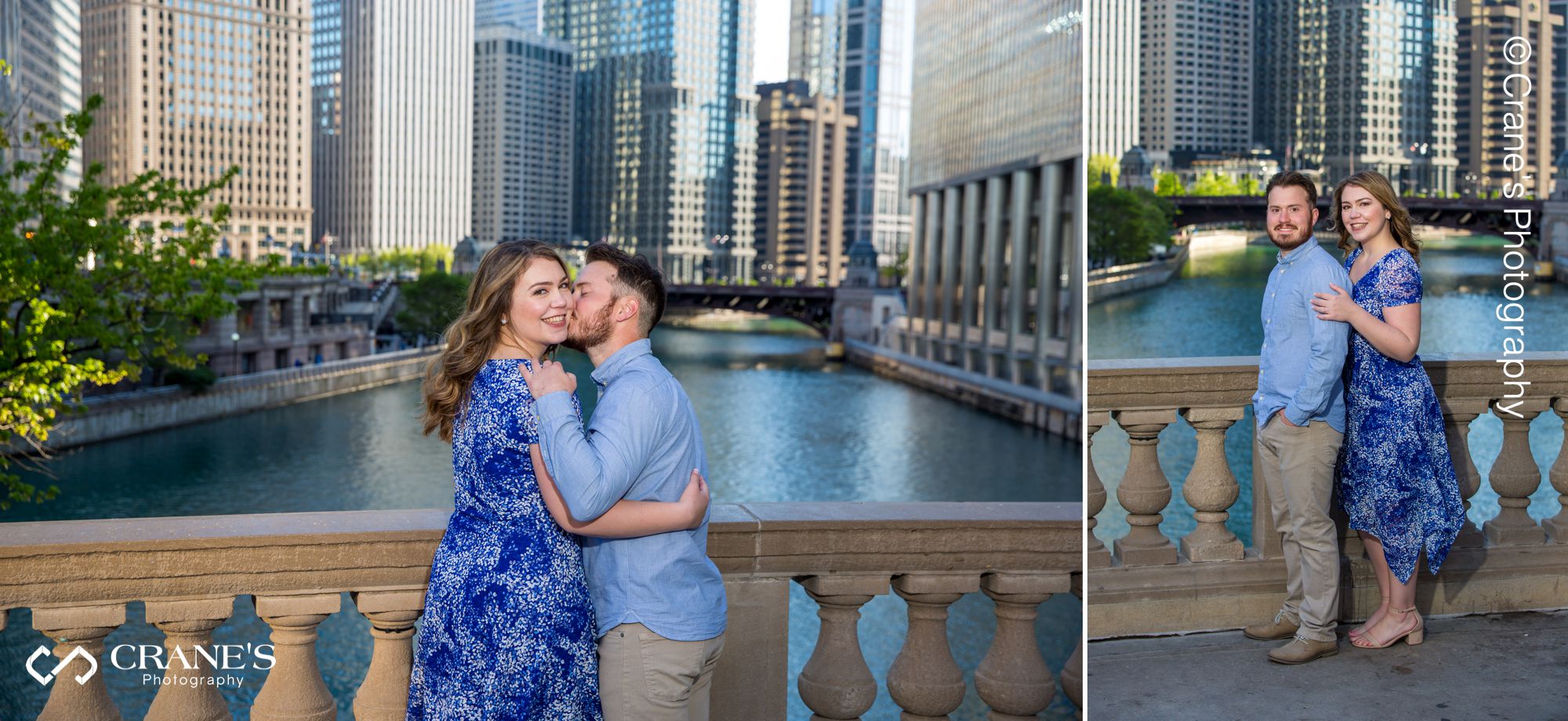 Engagement photo near the popular Wrigley Building in Chicago