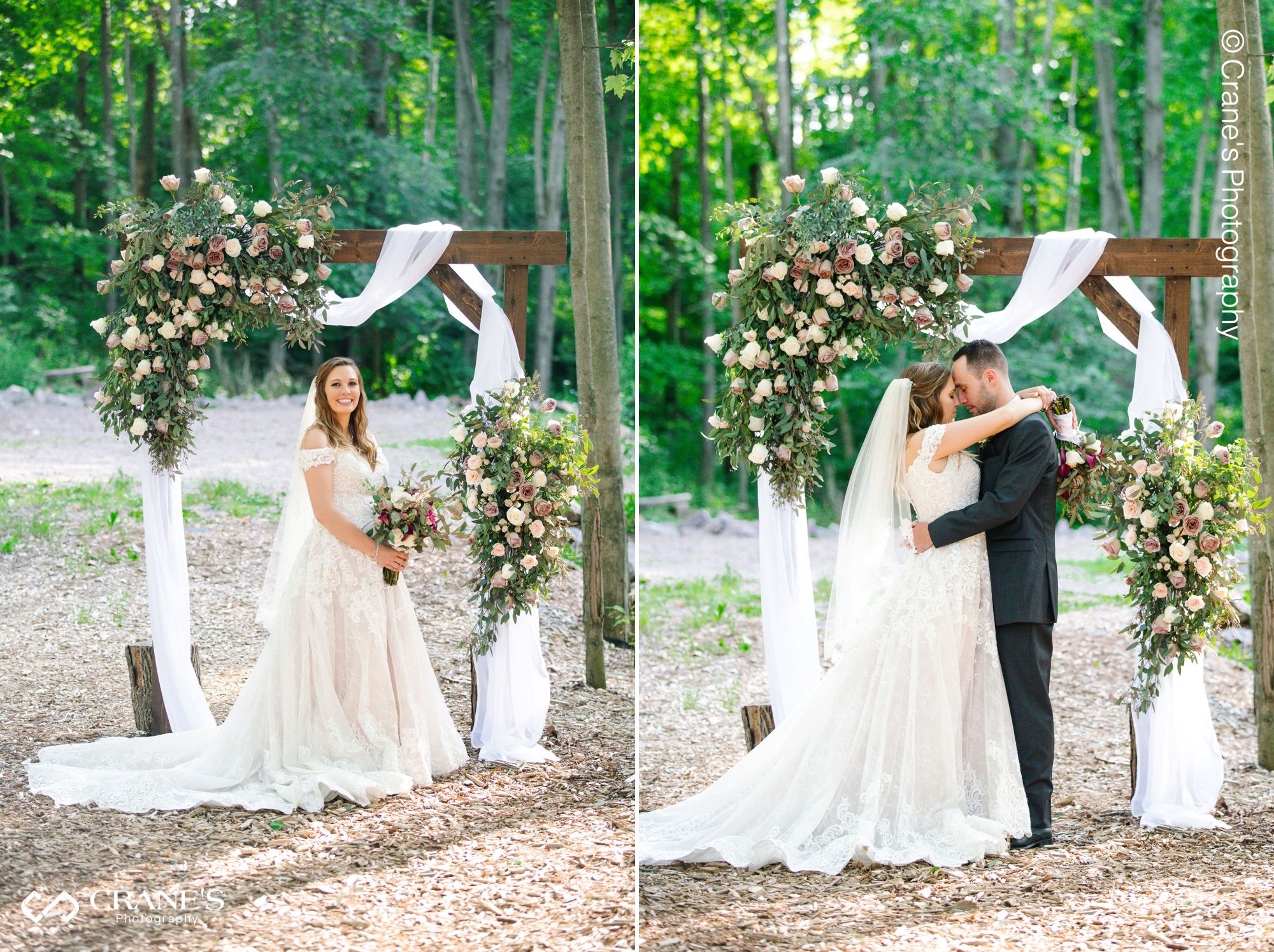 Wedding photos of a bride and groom in front of their flower arch at The Swan Barn Door