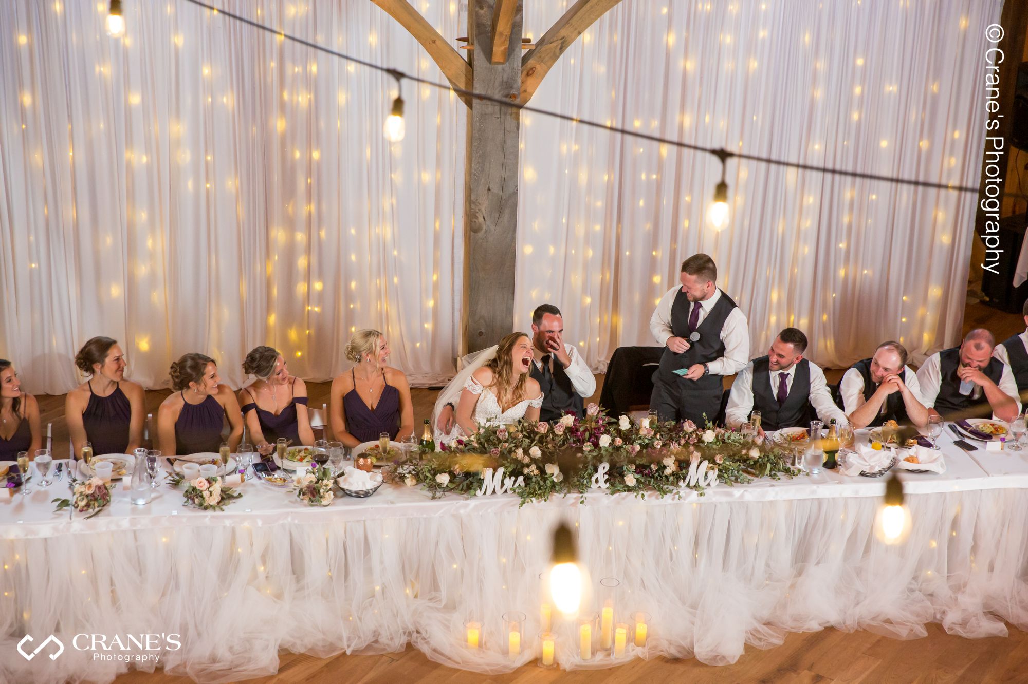 A large wedding party reception at The Swan Barn Door