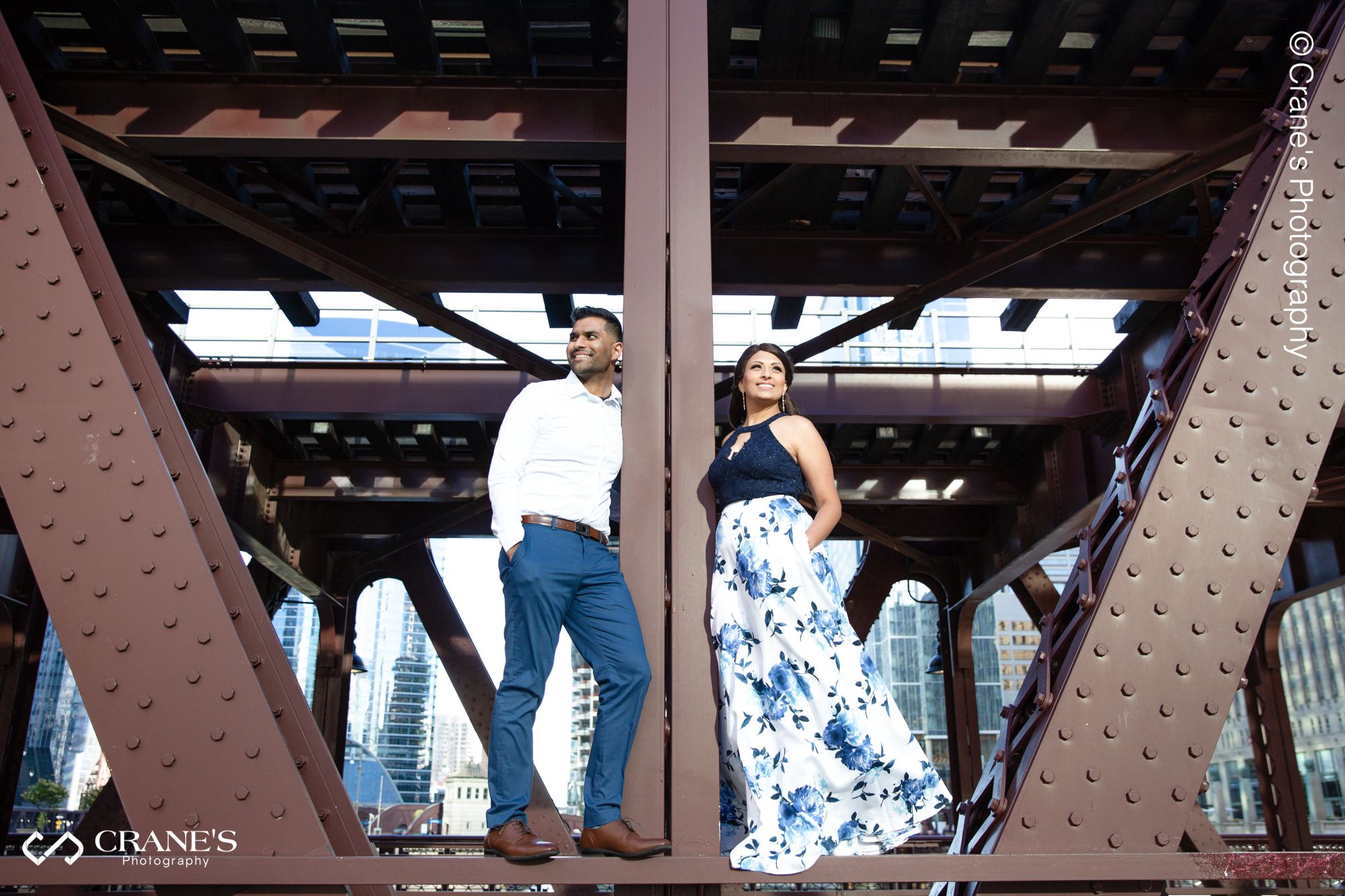 Engagement photo taken on one of the bridges in downtown Chicago