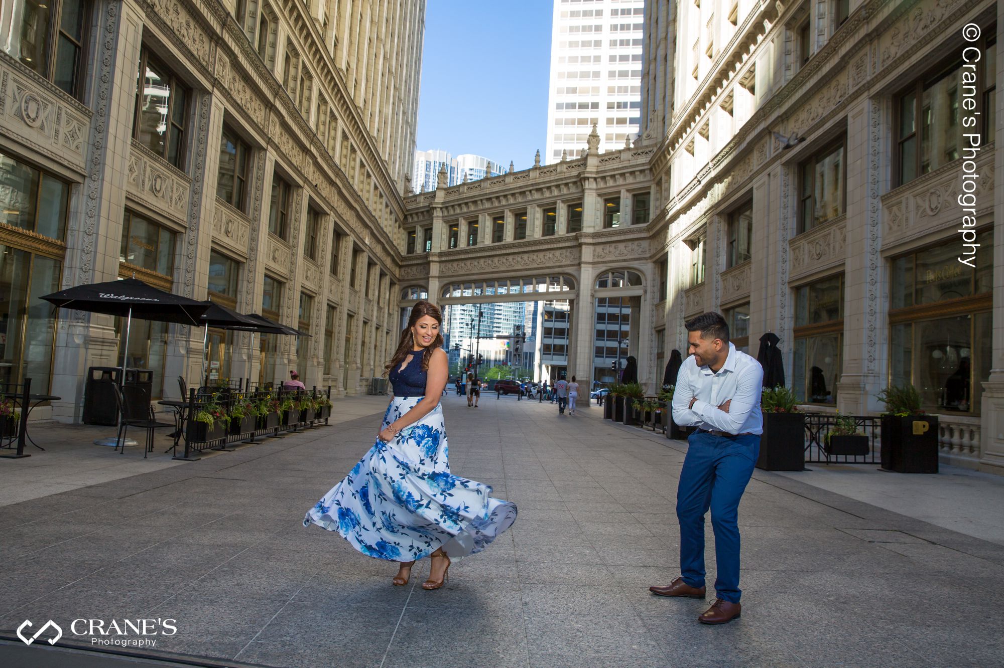 Wrigley Building engagement photo of an Indian couple