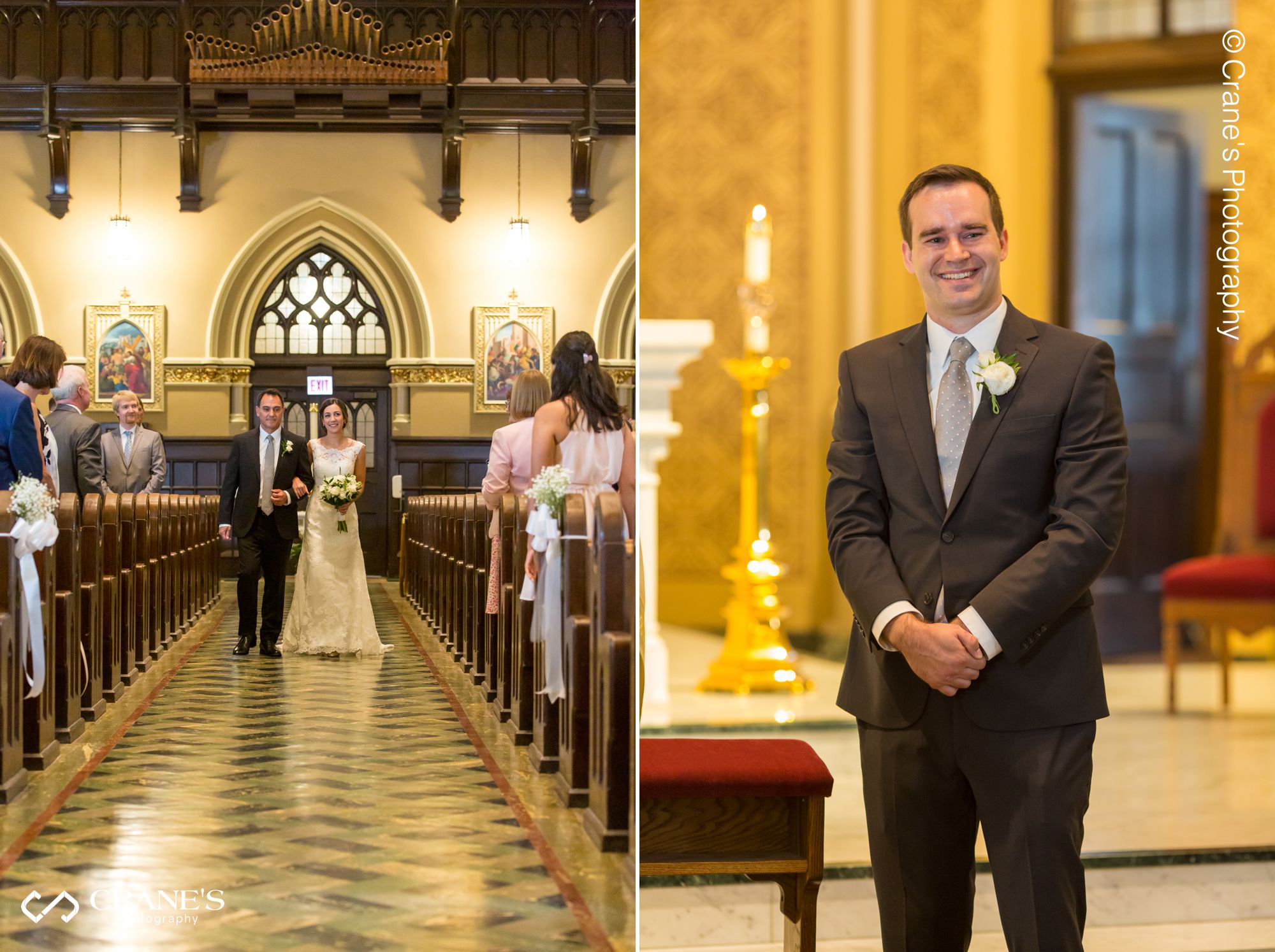 Bride and groom's first look on their wedding day at Our Lady of Mount Carmel Chicago