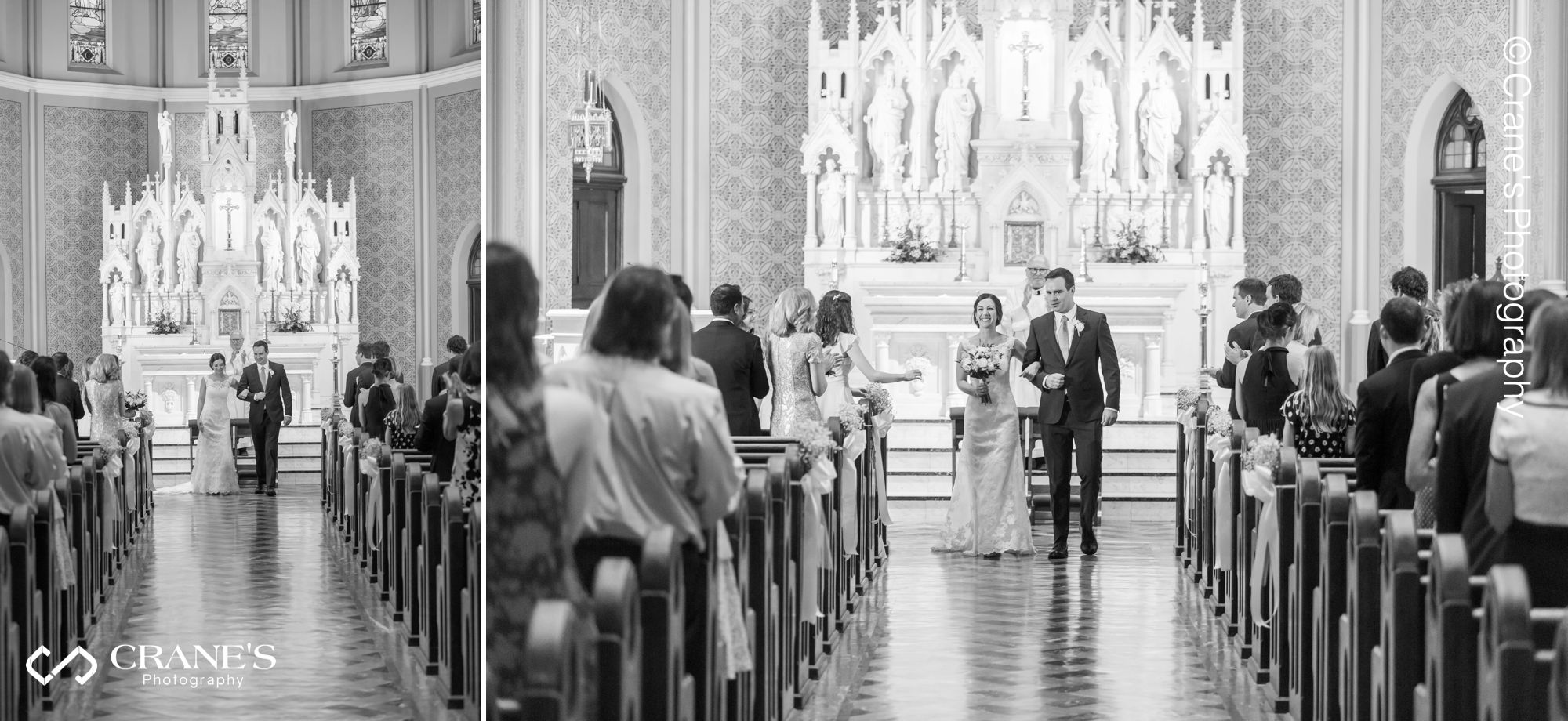 Bride and groom walk out at their Our Lady of Mount Carmel Chicago wedding