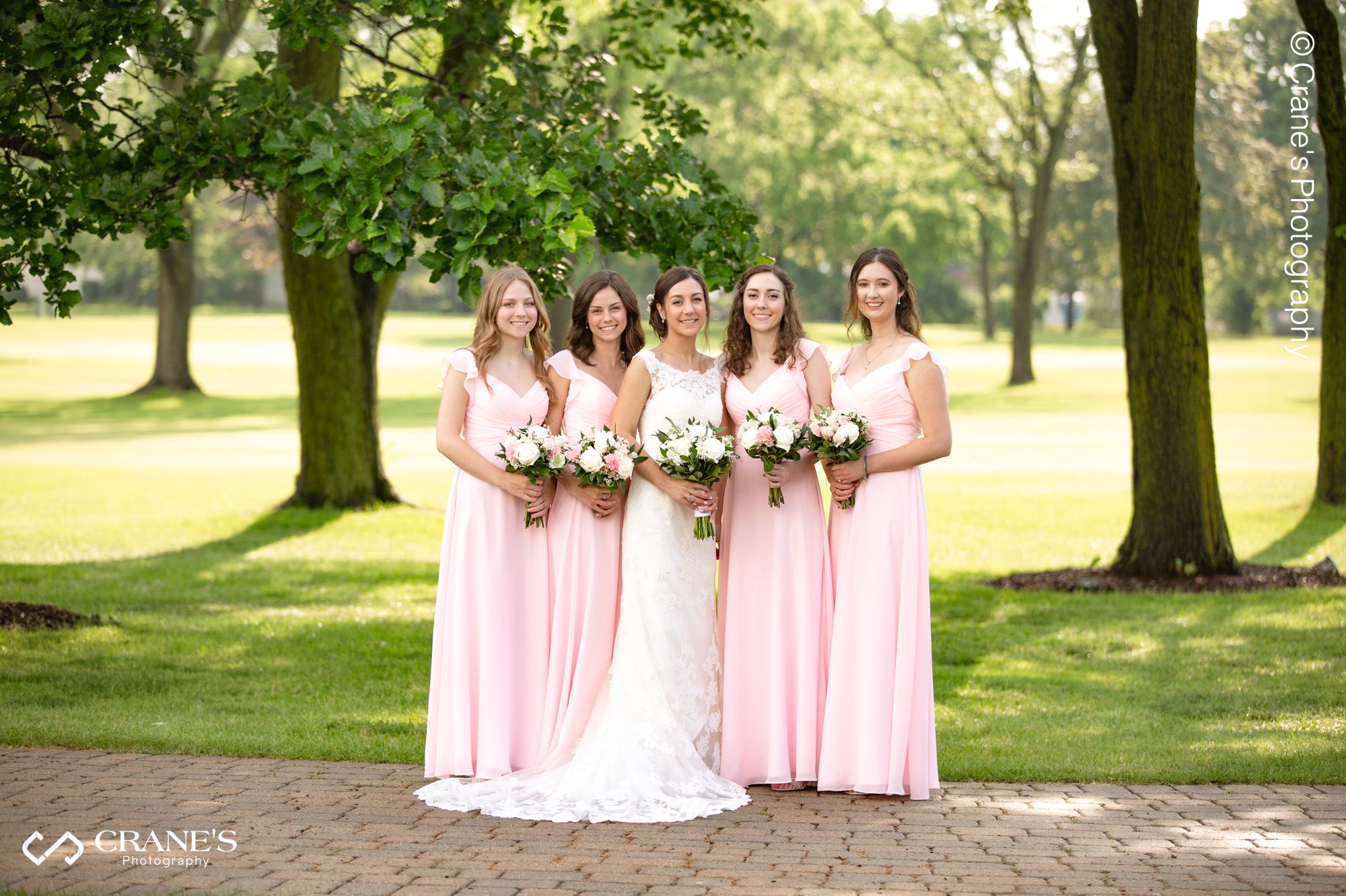 Bridal party with pink dresses at La Grange Country Club