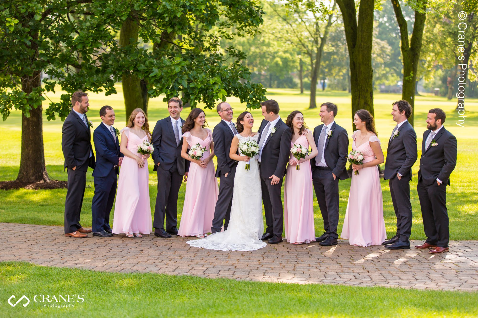 Wedding party photo at La Grange Country Club with the golf course in the background