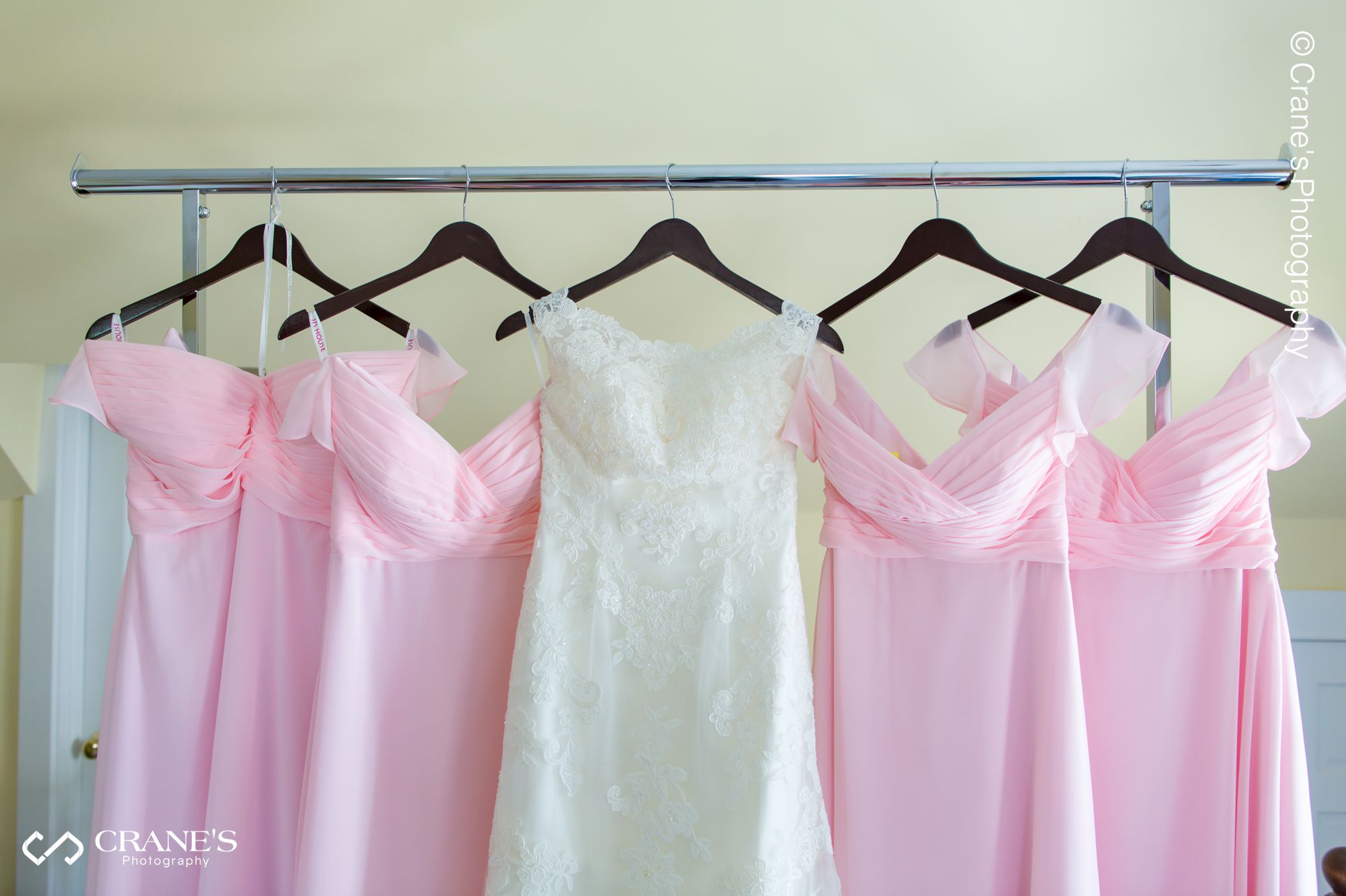 Pink bridesmaids dresses hanging on a rack