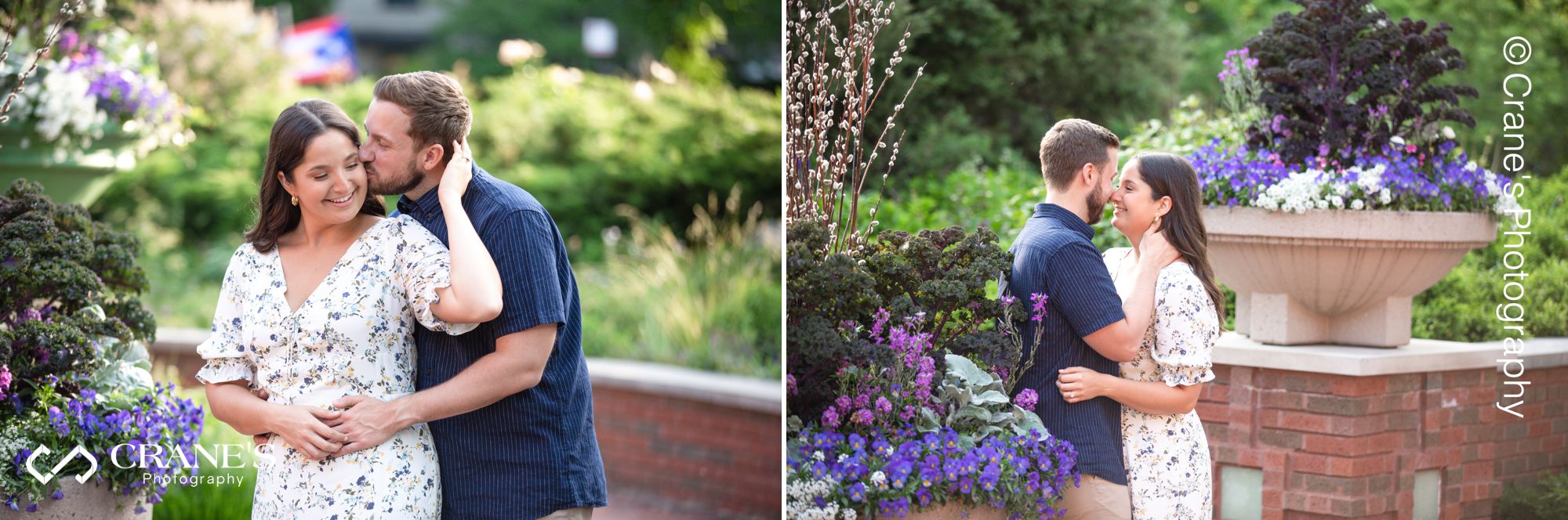 An engaged couple kissing at the garden in front of Cafe Brauer at Lincoln Park Zoo