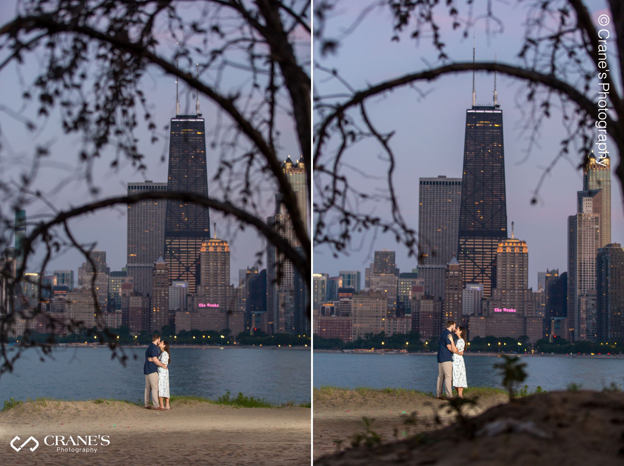 A composite image of a couple kissing at night with the skyline of Chicago in the background