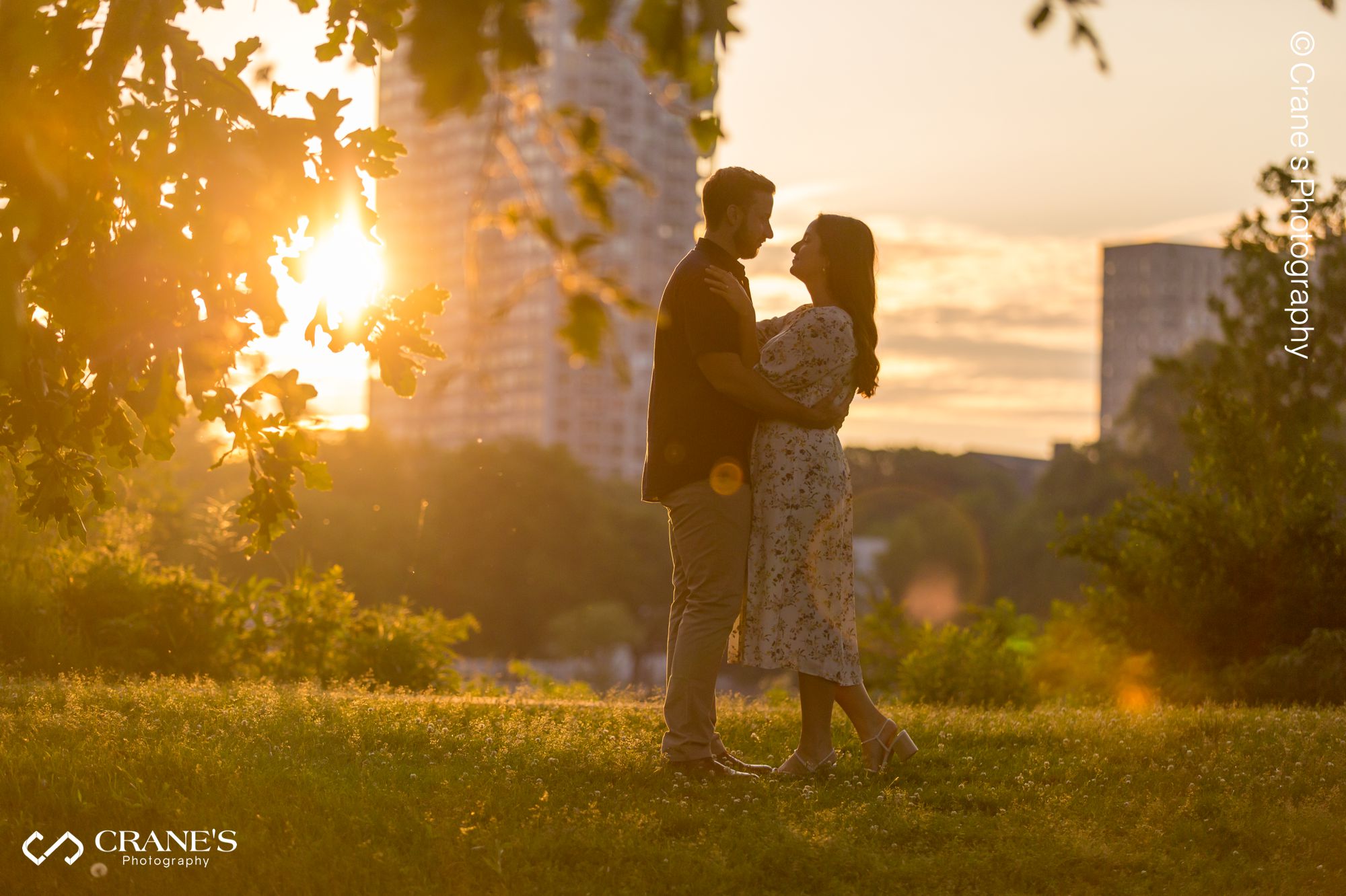 A sunset engagement session photo during the golden hour at Lincoln Park