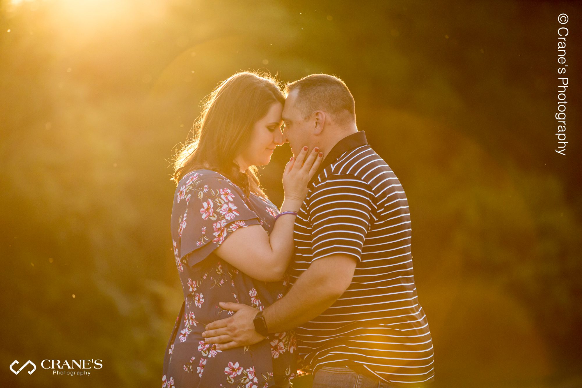 An engagement session photo of a couple at sunset at the Naperville Riverwalk