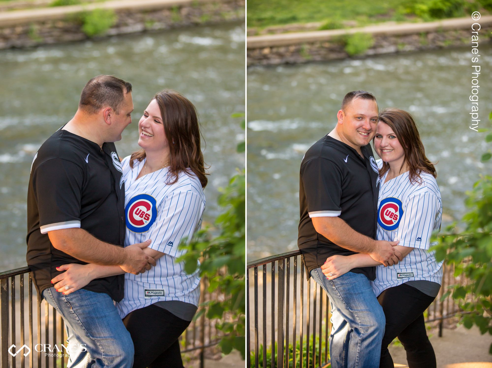 An engagement session photo at Naperville Riverwalk of a couple wearing sport jerseys.