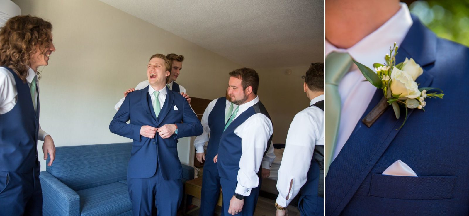 Groomsmen getting ready wearing navy blue tuxedos and green ties.