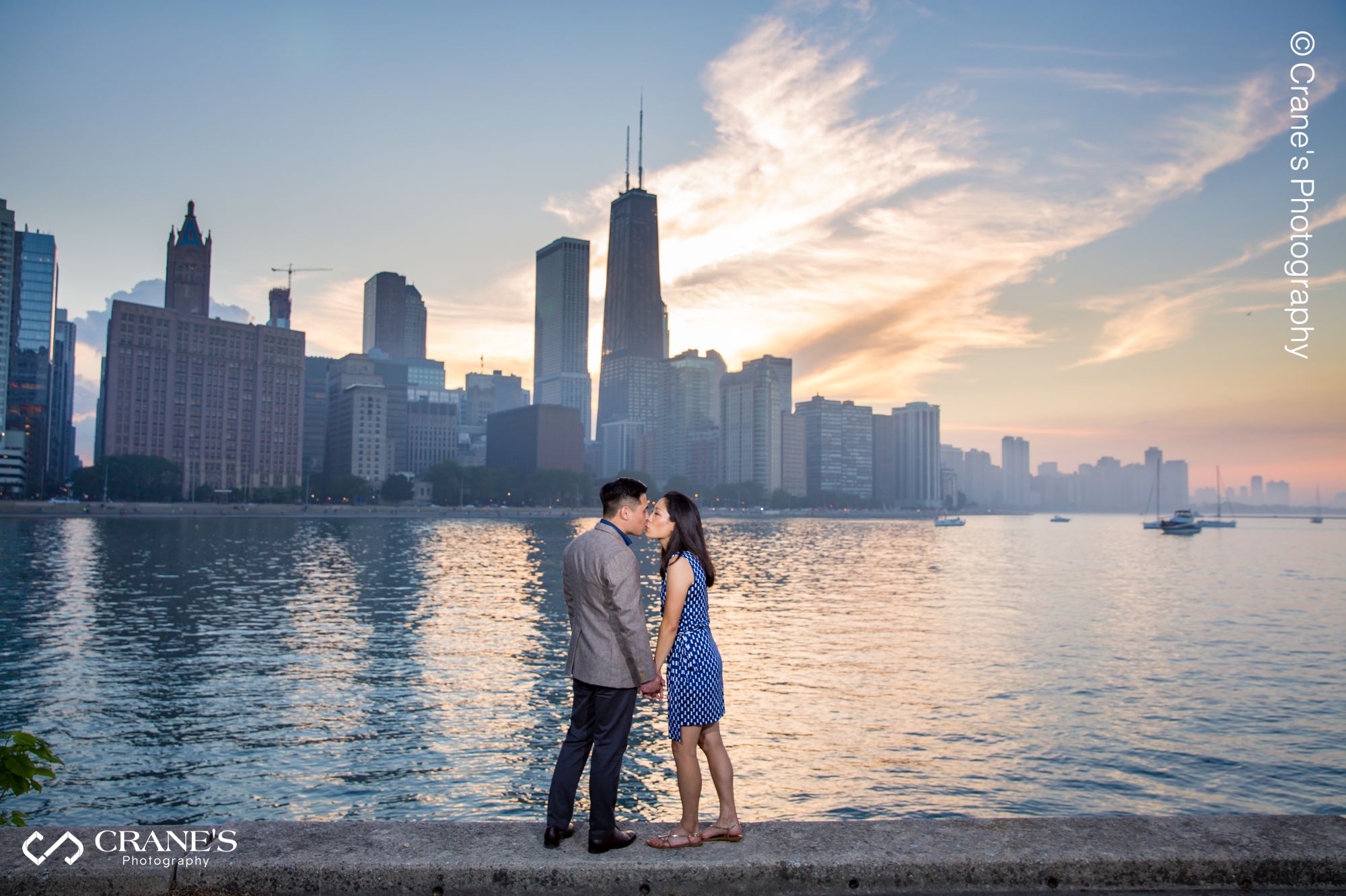 Engagement photo at Olive Park in Chicago at sunset
