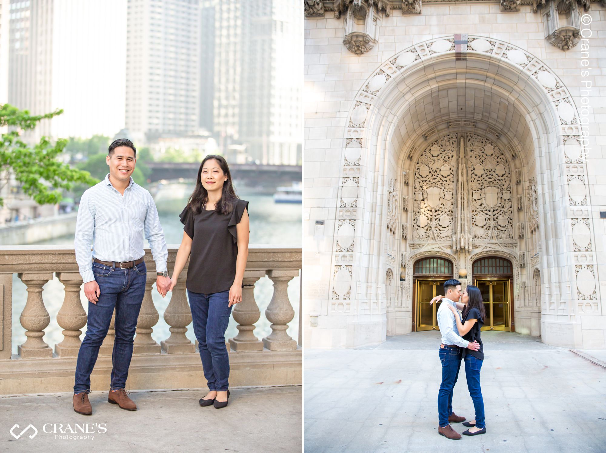 A casual engagement photo of a couple wearing jeans in front of Wrigley Building with Chicago River in the background