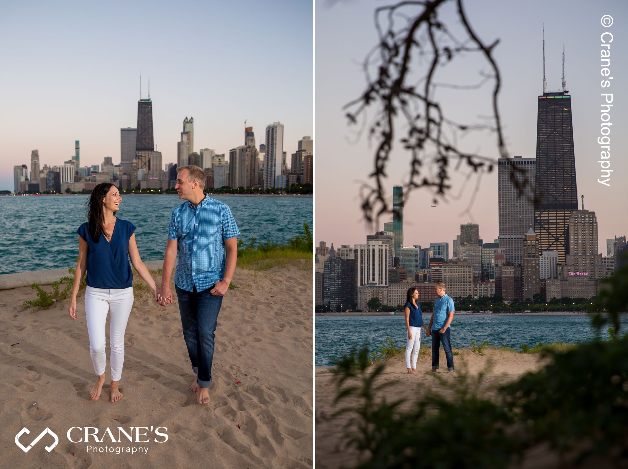 Sunset engagement photos near North Avenue Beach in Chicago