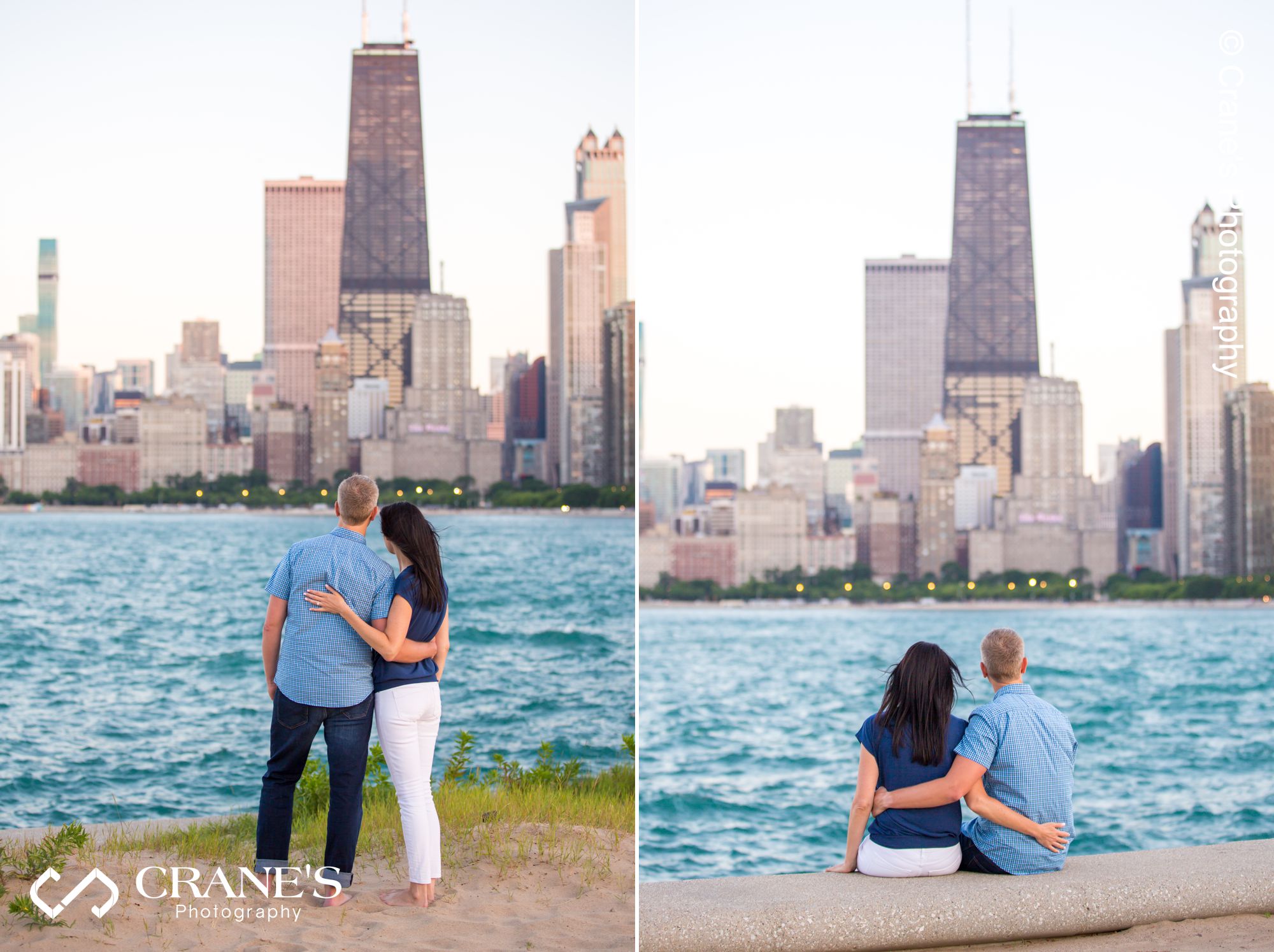 A summer engagement photo with the skyline of Chicago glowing in the background
