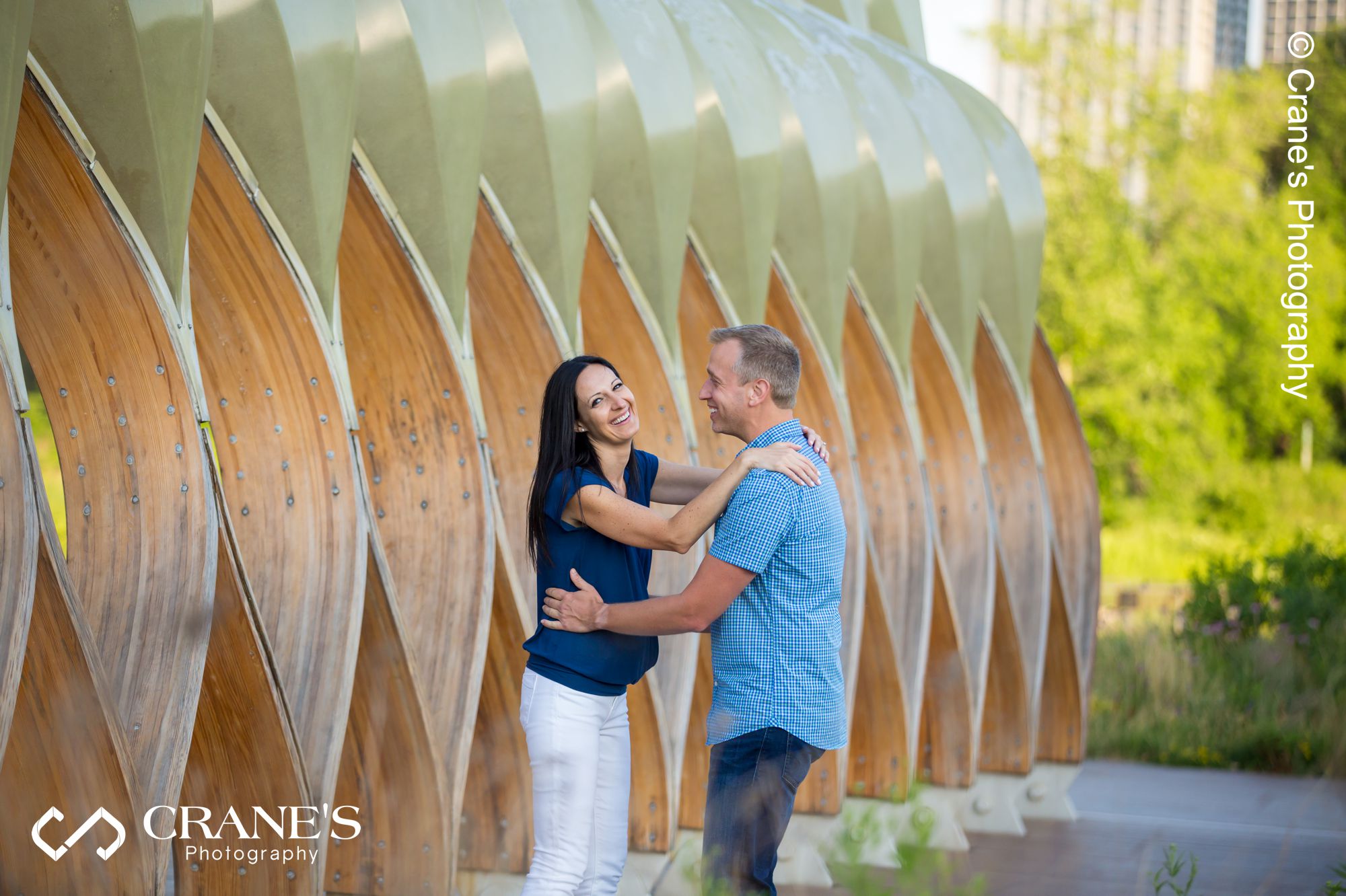 A summer engagement session photo taken at the honeycomb in Chicago