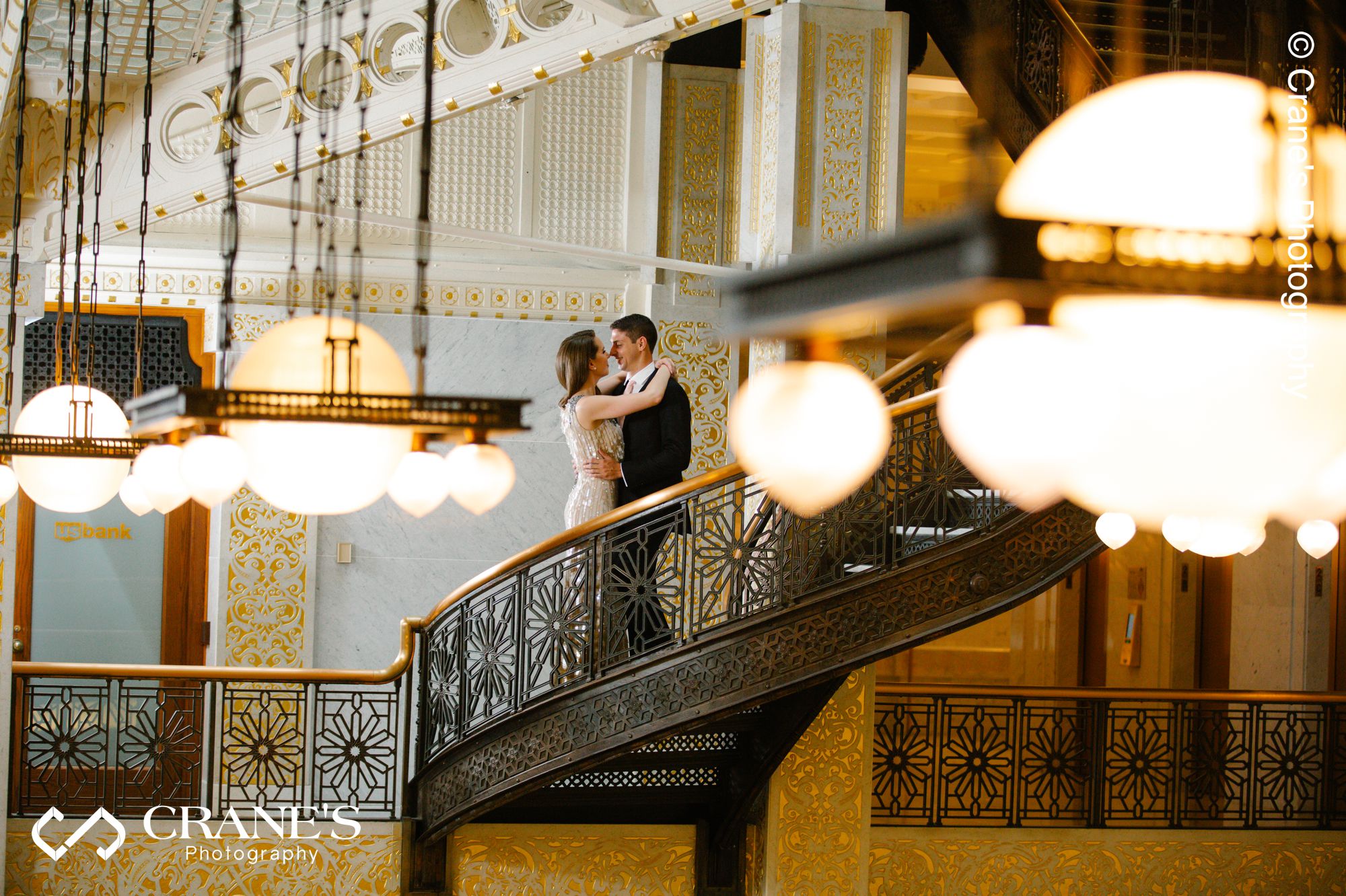 The Rookery Chicago Engagement Photo of a couple kissing