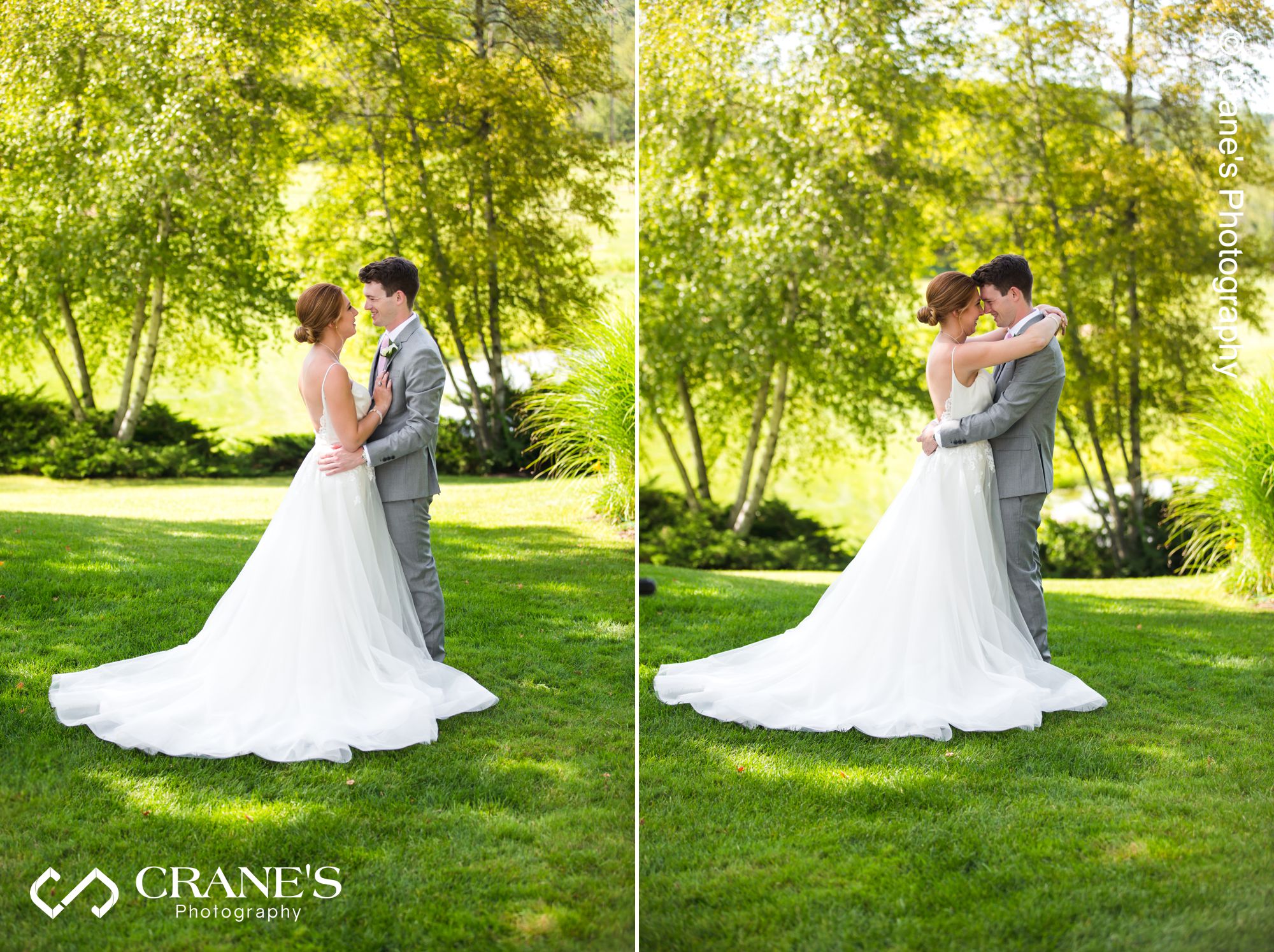 Bride and groom hugging on their wedding at Big Foot Country Club in Fontana-On-Geneva Lake, WI