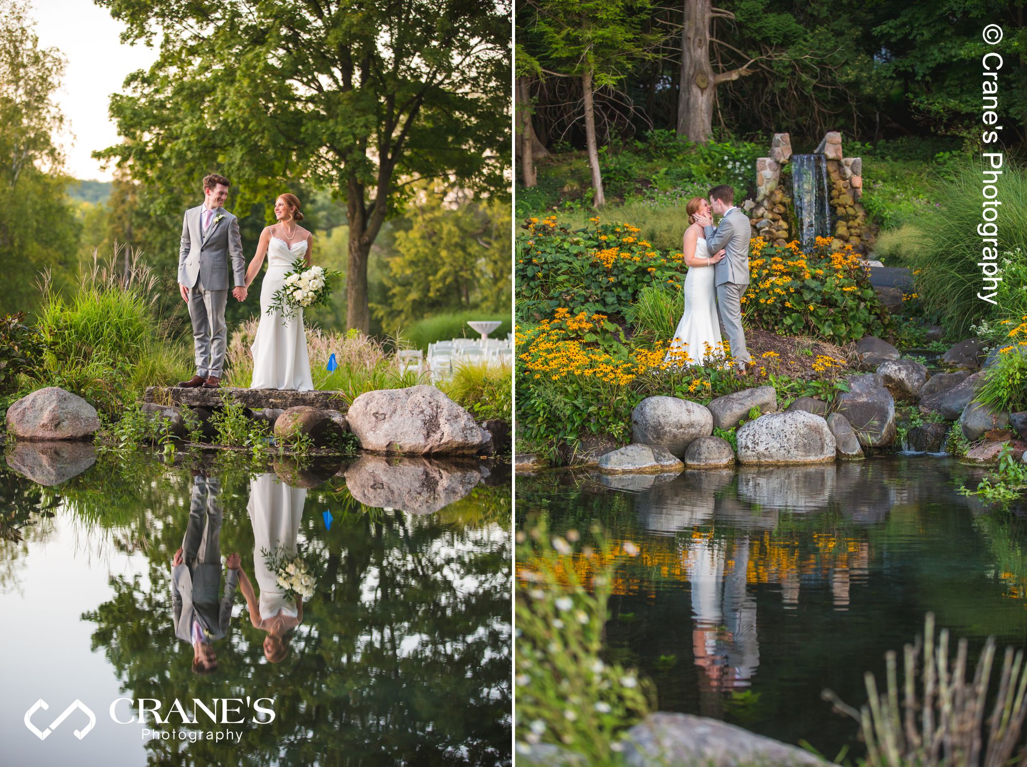 Wedding images with reflection over the ponds at Big Foot Country Club