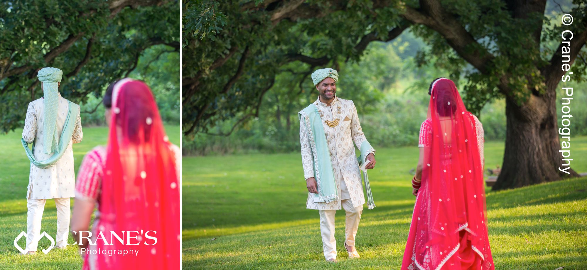 A first-look moment between an Indian bride and groom taken before their outdoor wedding ceremony