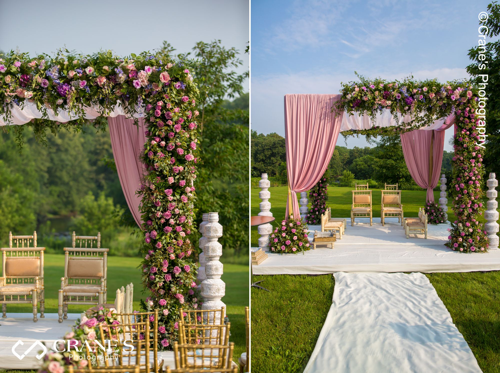 A mandap with pink roses photographed before an outdoor Indian wedding in Chicago