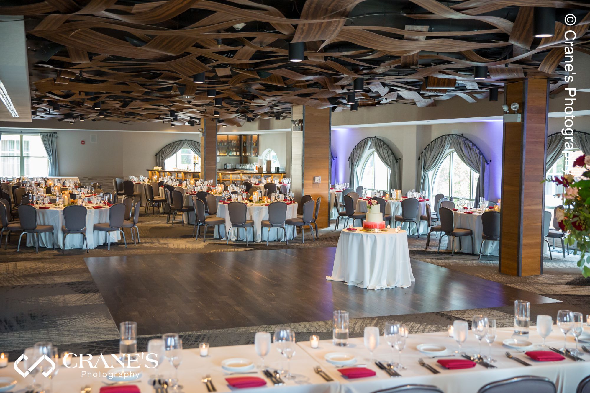 A decorated banquet hall at the Elements at Water Street