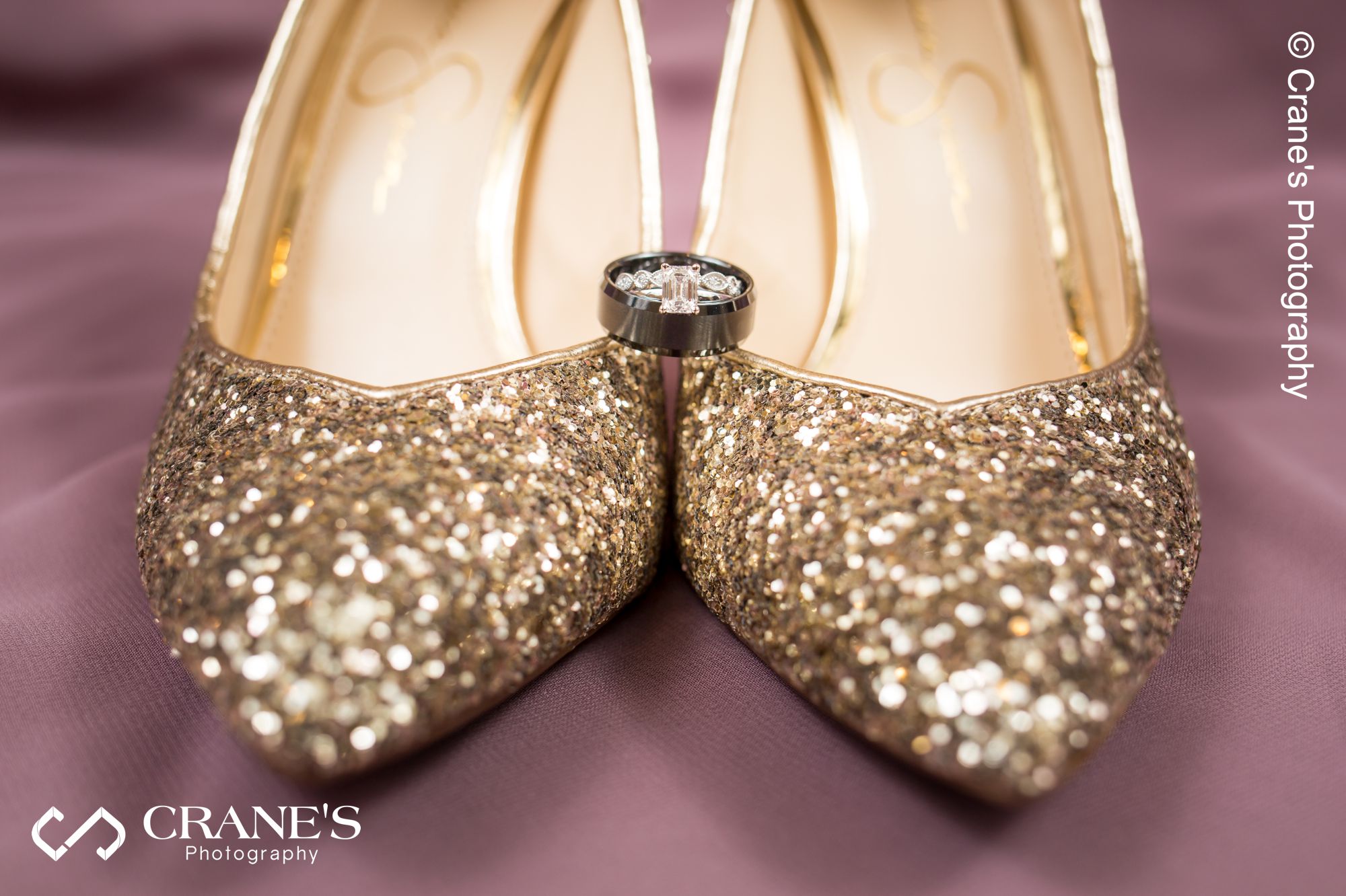 Wedding bands and glittery gold bride's shoes styled image
