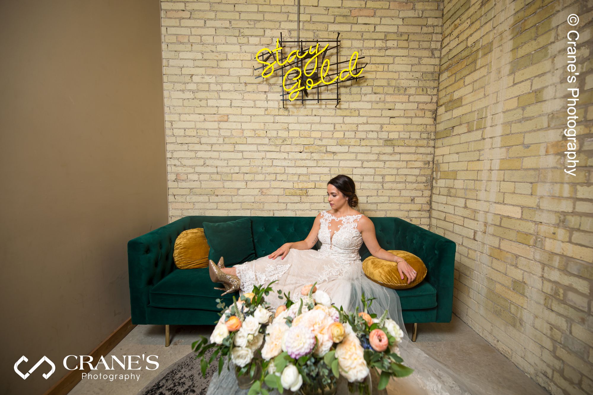 Styled indoor wedding image with a signed that says stay gold at The Filament in Milwakee