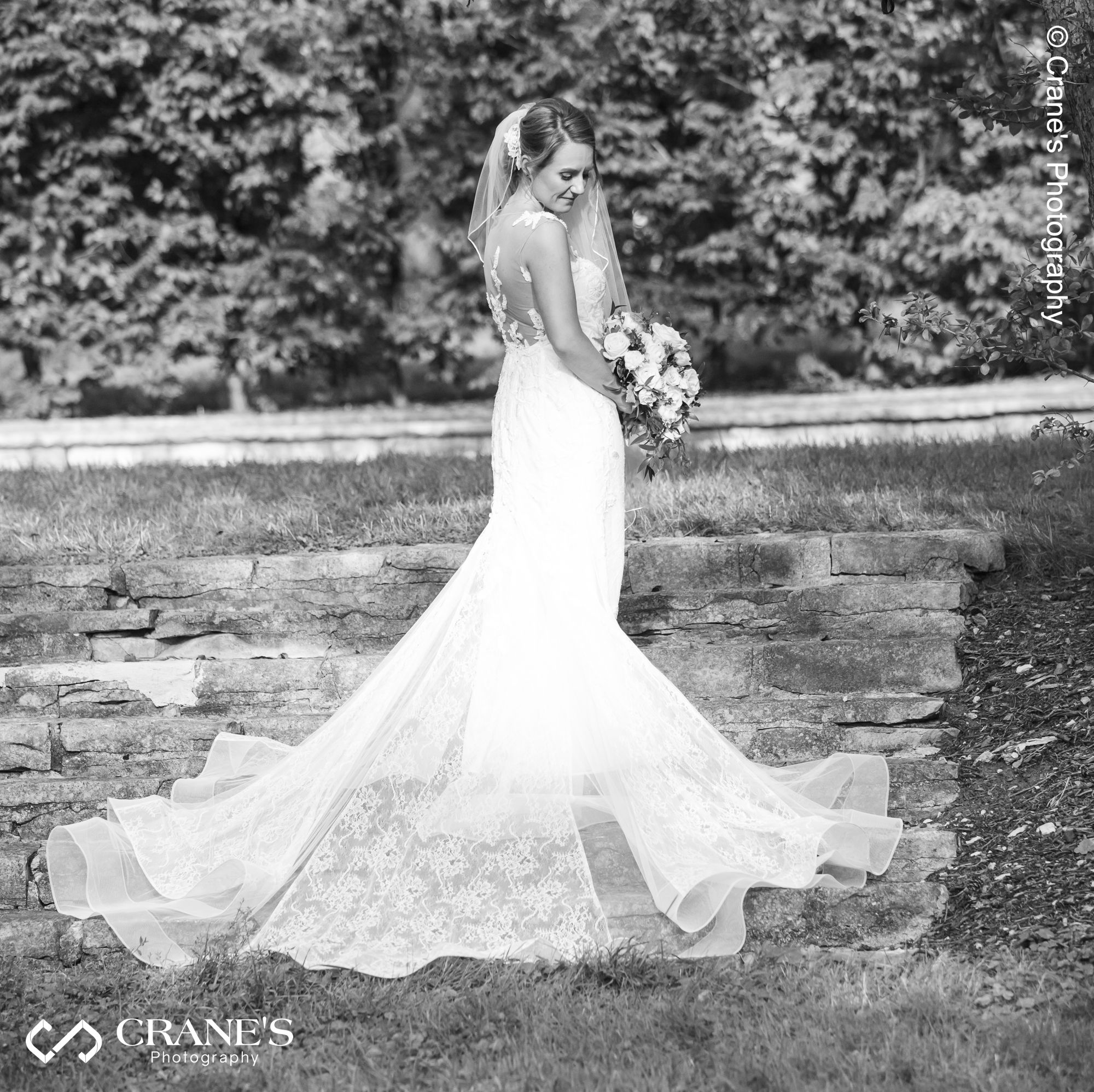 Black and white bride's portrait on stairs at the Morton Arboretum