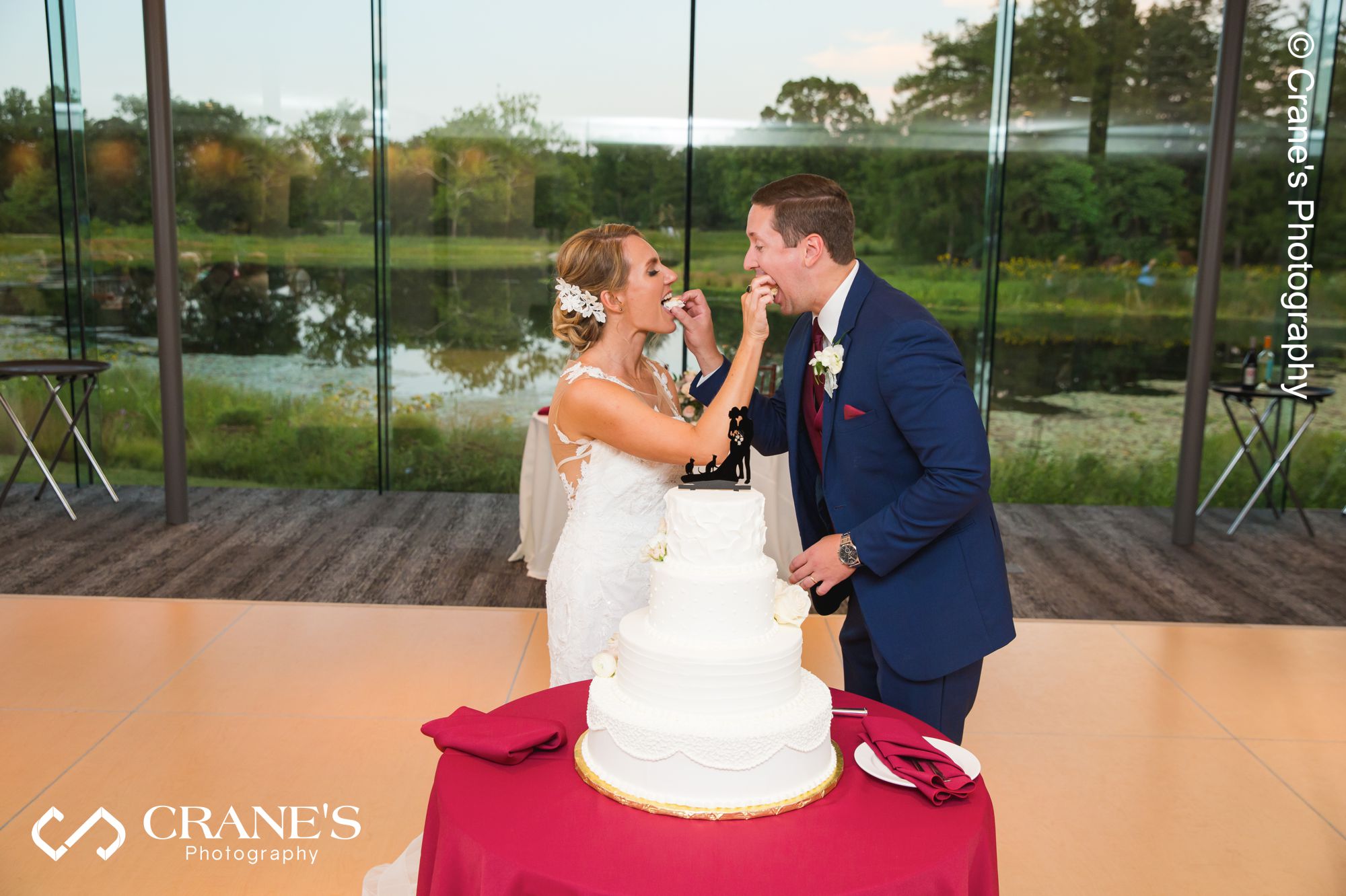 Bride and groom cutting a wedding cake at Ginkgo Room at the Morton Arboretum with Lake Meadow in the background