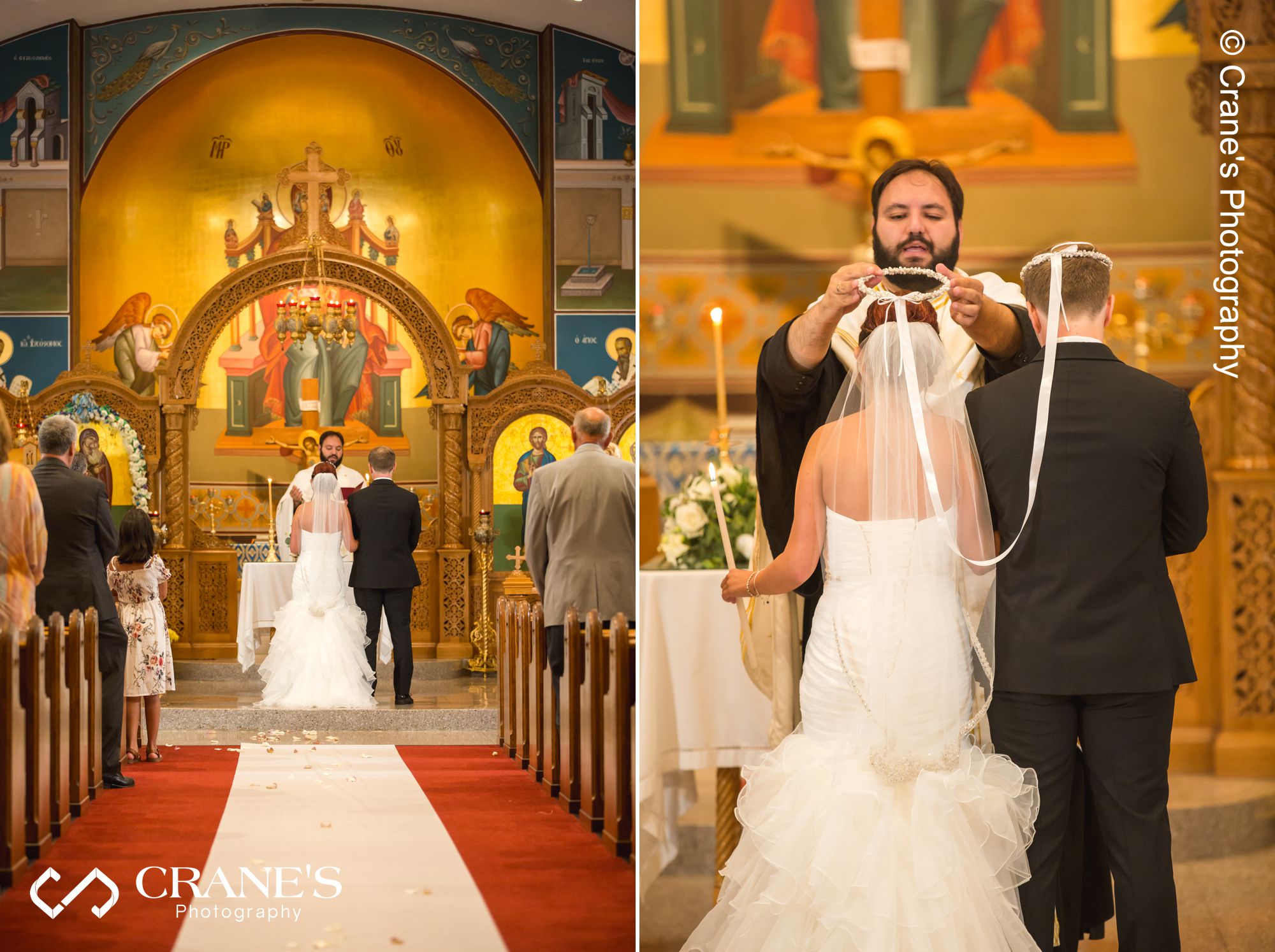 Crowning of the couple during a greek Orthodox wedding ceremony at St. Nectarios