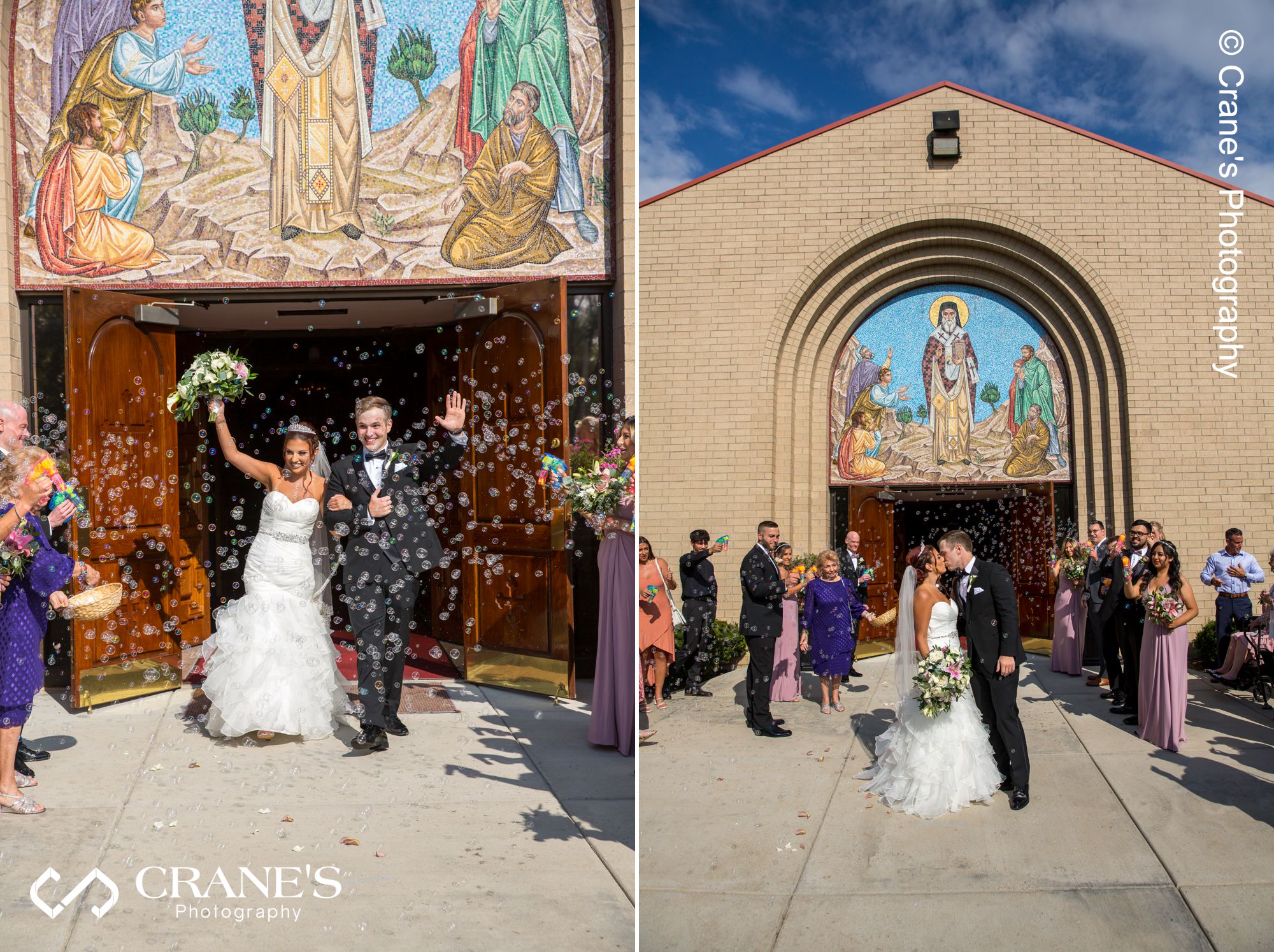 Bride and groom kiss at bubbles send-off after a wedding ceremony outside St. Nectarios in Palatine