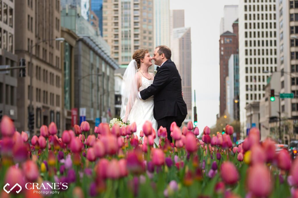 Wedding photo on Michigan Avenue with tulips