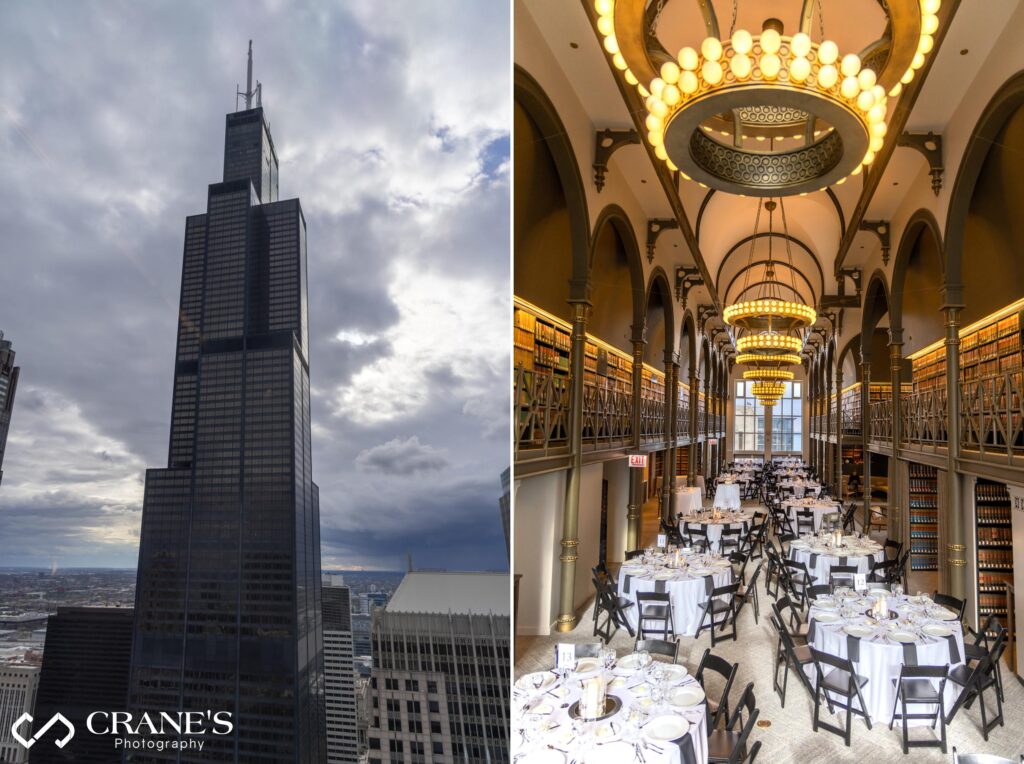 Luxurious wedding reception at The Library at 190 South LaSalle with incredible views of downtown Chicago.