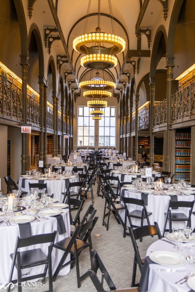Wedding reception in black and white decor at The Library at 190 South LaSalle.