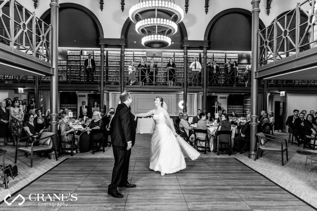 Bride and groom's first dance on their wedding reception at The Library at 190 South LaSalle.