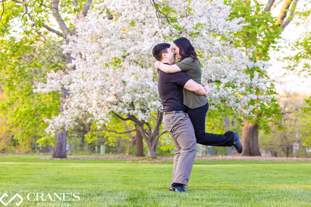 James and Beth having fun during their spring engagement session at Cantigny Park in Wheaton, IL.